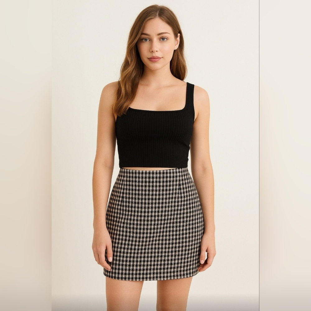 Stylish Houndstooth Mini Skirt - Black and White